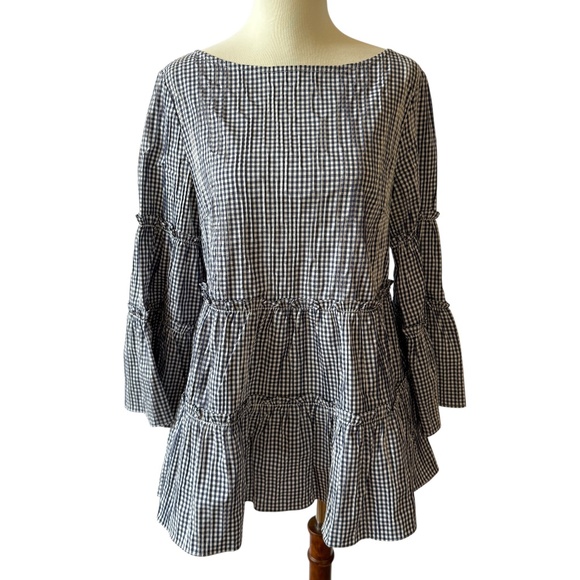 SARA CAMPBELL TUNIC TOP GINGHAM CHECK TIERED 3/4 BELL SLEEVE COTTON BLD PREPPY S - Picture 2 of 12